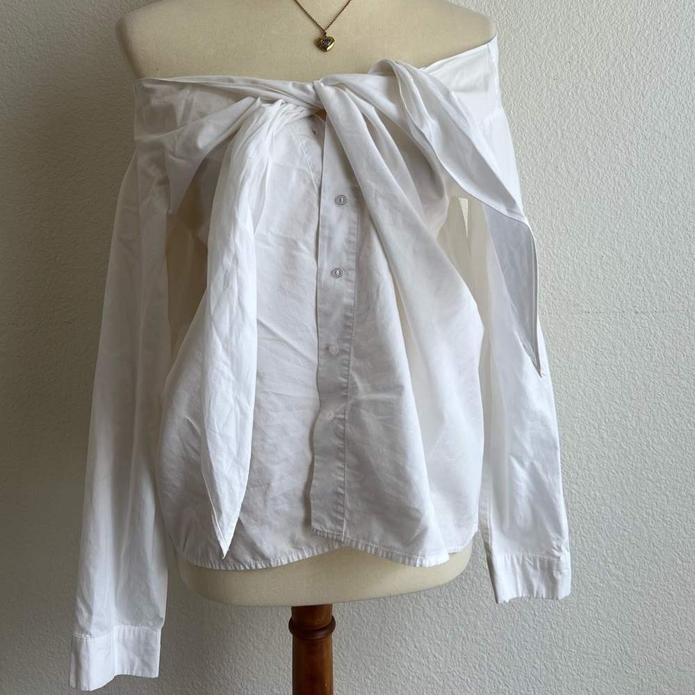 White Off the Shoulder Long Sleeve Tie Button Blouse
